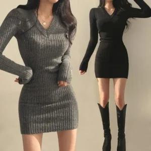 미니 슬림핏 추천 원피스 V넥 꾸안꾸 골지 니트티 섹