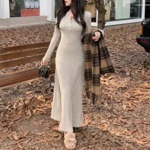 여성 롱기장 슬림핏 A라인 프렌치 니트 원피스 3컬러