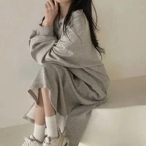 여자 겨울 홈웨어 편안한 오버 핏 박시 롱 원피스