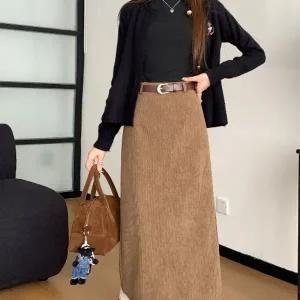 브라운 코듀로이 롱 스커트 A라인 골덴 치마 겨울