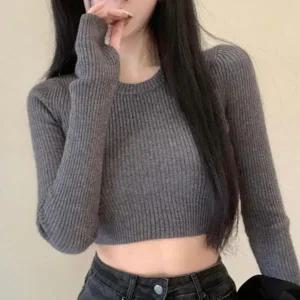여성 슬림핏 크롭 핑거홀 골지 니트