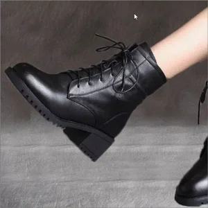 여성 통굽 러버 밑창 중목워커 옆지퍼 레이스업 부츠 5cm