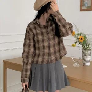 여자 가을남방 포켓 언발 크롭 데일리룩 체크 셔츠