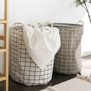 접이식 화이트체크 빨래바구니-원형 다용도 수납정리 방수코팅 패브릭소재 접이가능