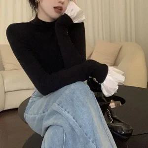 [하프클럽/]세련된 프리미엄 모던 프릴레이스러플 폴라넥 반팔티