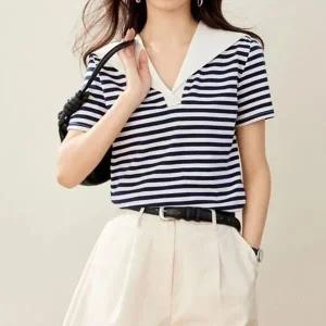 [하프클럽/]마린무드 셔츠칼라 데일리룩 패턴 하프슬리브 티탑