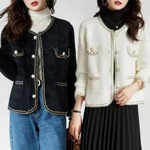 [하프클럽/]레이디 클래식 크루넥 글리터 펄 트위드버튼가디건 드레스업