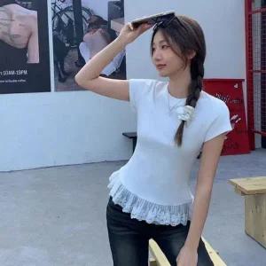 [하프클럽/]반소매 주름 하절기 프릴레이스 헴라인머스트해브 여성스런 티