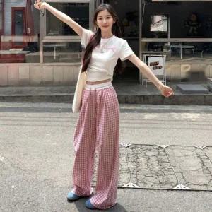 [하프클럽/]스타일 우먼 쿨팬츠 라이트 찰랑밴드라인 와이드팬츠 체크바지