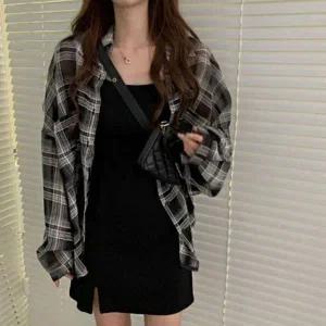 [하프클럽/]레이디스 스트랩탑 롱드레스 와이드핏 체크패턴 톱셔츠 세트아