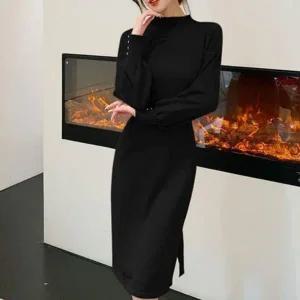 [하프클럽/]트윙클 타이트 옆트임 원피스룩 하프넥 풀오버 롱드레스 타이트