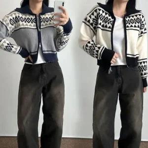 [하프클럽/]니트가디건 투웨이집업무늬 포인트컬러 숏탑 트렌디