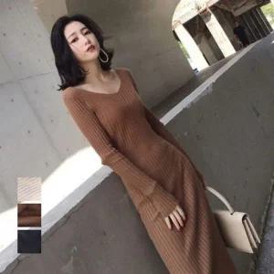 [하프클럽/]동절기 브이컷타이트핏 세로패턴 울탑 롱라인 원피스룩 V넥 미