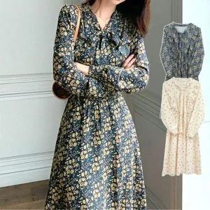 [하프클럽/]롱슬리브 롱기장 드레스 쉬폰소재 보우 플리츠 여성용 플라워