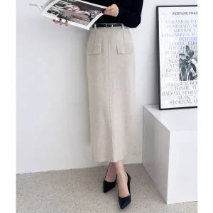 [하프클럽/]뒤트임 여성 니트 롱스커트 H라인 치마 벨트 세트 여자치마 기모