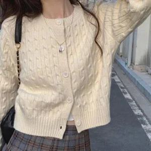 [하프클럽/]여성 라운드 꽈배기 니트 간절기 데일리 골지 가디건