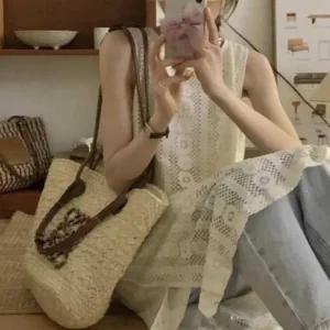 여성 레이어드 트임 자수 민소매 원피스