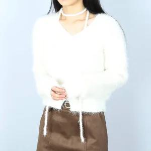 [파라노말샵]5색 솔잎 부클 브이넥 미니 니트 가디건 머플러 끈 세