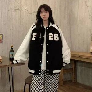 [하프클럽/]배색 롱 루즈핏 스타일링 캐주얼 여성 야구점퍼 자켓