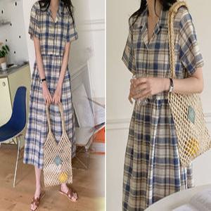린넨 체크 카라 셔츠 롱 원피스 TA022