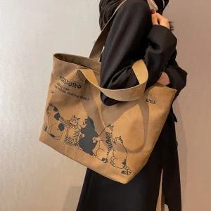 미나티 데일리 빅사이즈 캔버스백 에코백 고양이 쇼퍼백 숄더백 E32