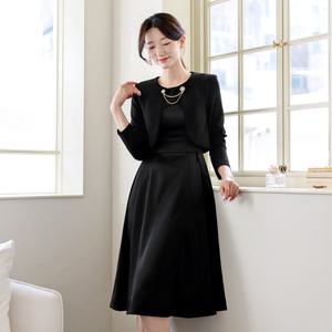 [시크라인] (~XXL까지) 로매니 페미닌 브로치 버튼 레이어드 자켓 플레어 원피스 봄,가을 하객룩 오피스룩 모임룩