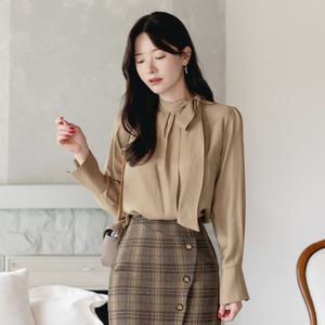 [시크라인] (~XL까지) 로어드 타이넥 커프스슬리브 실키 로맨틱 블라우스 봄,가을 하객룩 오피스룩 격식룩 데이트룩