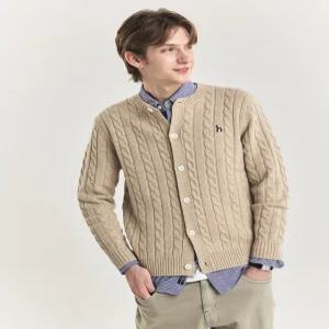 헤지스 남성 24FW 베이지 램스울 케이블 라운드 가디건 HZSW4D203I1