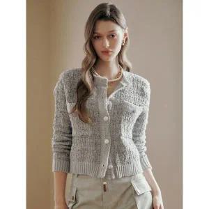 [하프클럽/]트위드 테잎사 꽃단추 라운드넥 가디건