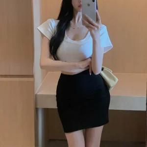 랜덤플레이 하이 웨스트 스키니 섹시 스커트 블랙