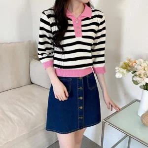 /옷자락 여자 단가라니트 봄티 시보리 칠부 카라티