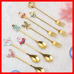 스테인레스 스틸 거울 마감 크리스마스 시리즈 스푼 포크 만화 산타 클로스 눈사람 금속 커피 디저트 스푼