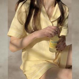 [옷자락]여성 여름 홈웨어 셔츠 스타일 두께 잠옷 상하 세트