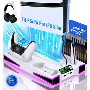 PS5/Pro/Slim 콘솔용 카웨이 PS5 스탠드 냉각 스테이션, 2.36인치 대형 P5 팬 팬, 컬러풀 라이트, 듀얼 컨트롤러 충전기, 헤드셋 홀더, 3개의 충전기 포트가 있는 액세서리 수직