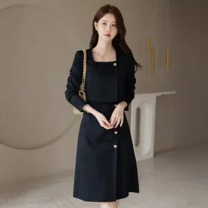 [시크라인] 벨시에 레이어드 자켓 로즈 버튼 원피스