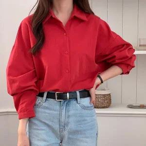 [신세계라이브쇼핑][옷자락] 여자 빅사이즈 오버핏 빨간색 가을남방 무지 긴팔 셔츠