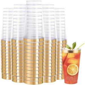 다얌미 100팩 골드 테두리 플라스틱 컵, 16온스 클리어 일회용 | 우아한 디자인 | 와인 잔 | 칵테일 잔 | 파티 컵 | 웨딩 컵 | 음료 텀블러