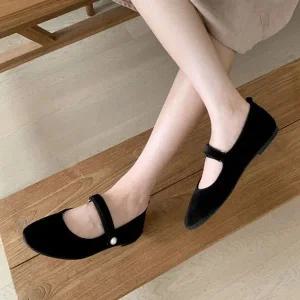 고품질 진주 장식 벨벳 메리제인 여성 플랫 슈즈 5FW 세련된 (WFJZFTX)