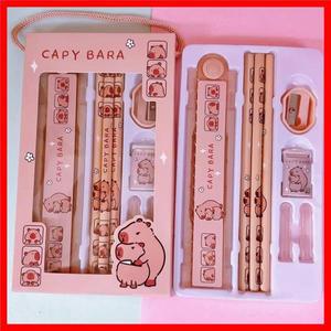 카피바라 만화 동물 연필 눈금자 지우개 샤프너 문구 세트 학생 학교 사무실 필기 용품 어린이 선물 8 in 1