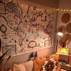 빈티지 세계지도 패브릭 태피스트리 장식 벽 흑백지도 150x100cm