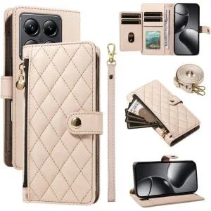 삼성 갤럭시 S25 울트라용 케이스 (색상: 베이지) 크로스바디 스트랩 지퍼 지갑 가죽 플립백