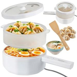 다기능 3 in 1 냄비 요리기 (1.5L) - 전기 논스틱 만두 찜기, 밥솥 및 볶음 한 대로 완벽한 라면 만들기 기숙사, 주방 또는 대학 필수품