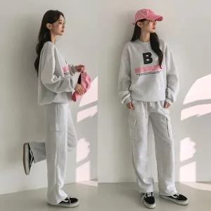 여성 기모 나염 맨투맨 티셔츠 카고팬츠 트레이닝 세트 츄리닝 투피스 셋업 -WPST0306- 겨울