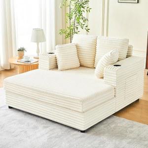 IVOKO 체이스 라운지 의자 실내, 59인치 오버사이즈 라운지(우드 프레임 포함), 플러시 인조 모피 의자(던져지는 베개 및 컵 홀더 거실용 덮개가 있는 침대형 소파, 침실, 베이지