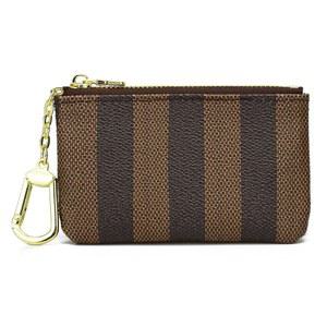 여성용 WOZEAH 가죽 동전 지갑 스트라이프 남성용 휴대용 소형 열쇠고리 파우치 교환 카드 홀더(B-스트라이프 브라운)