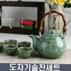 주전자 작은잔 청자 예쁜소주잔 찻잔세트 전통찻잔 5인세트 주기 운학 550ml