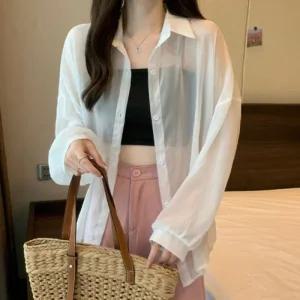 [아우트]시스루 긴팔 여름 카라 루즈핏셔츠 셔츠 1P