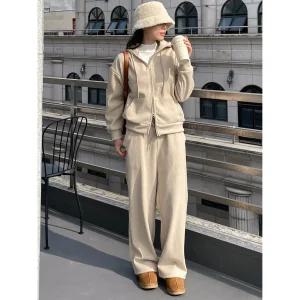 모던 골덴 코듀로이 루즈핏 융 기모 투웨이 후드 집업 패션 트레이닝 상하의 코디 세트