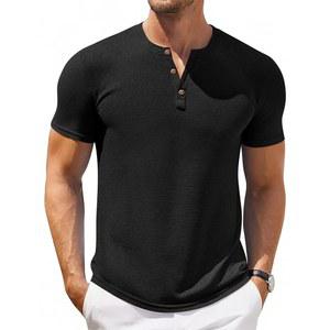 아오이스키 남성 반팔 헨리 티셔츠 캐주얼 솔리드 컬러 버튼업 셔츠 브이넥