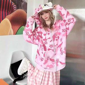 만화 헬로 키티 지퍼 후드 후드티 카와이 애니메이션 패턴 Y2K 커플 카디건 카모플라주 재킷 트렌디 크리스마스 선물